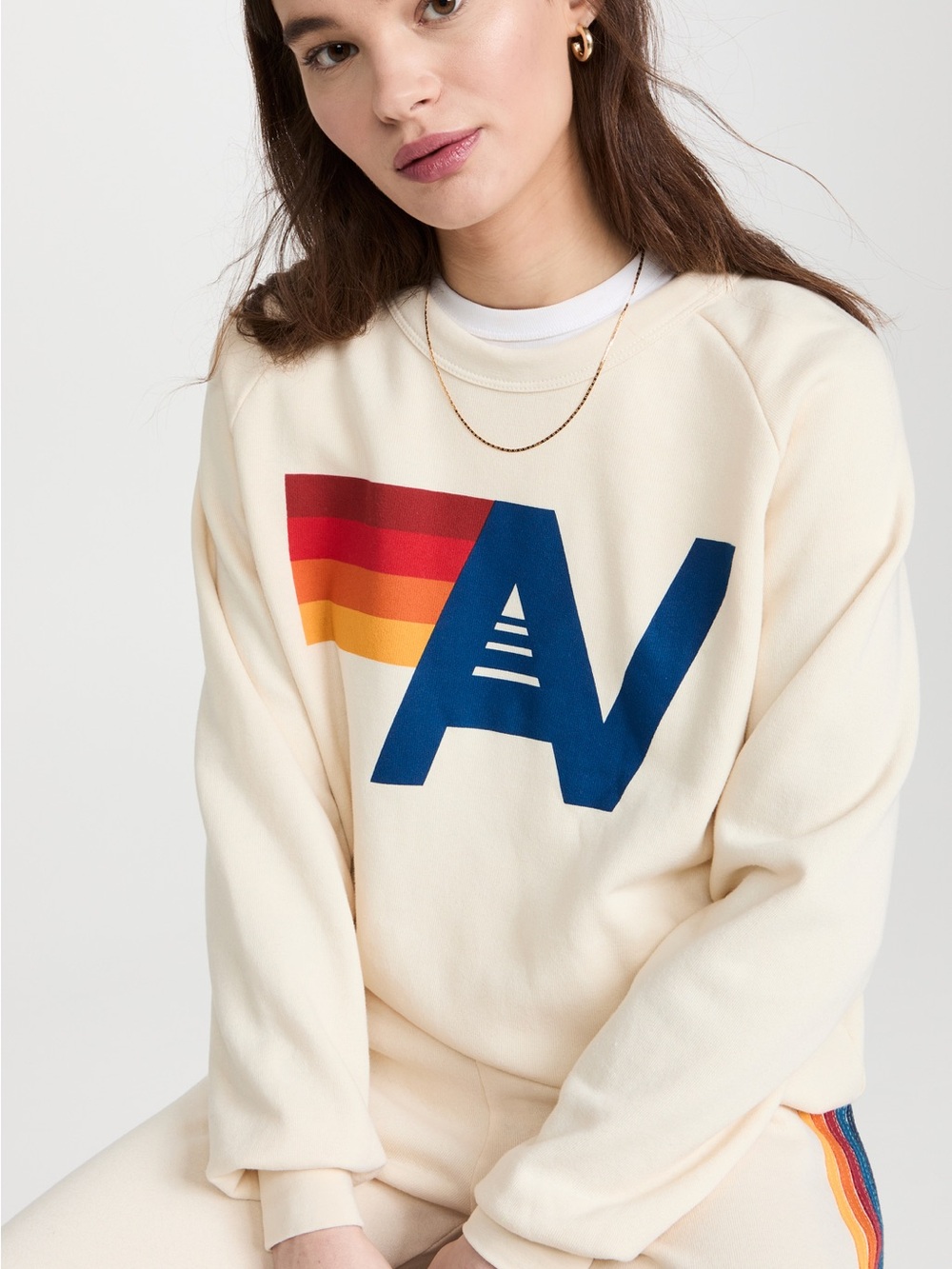 Aviator Nation Cream Crewneck Sweatshirt with Blue AV & Sunset Stripes